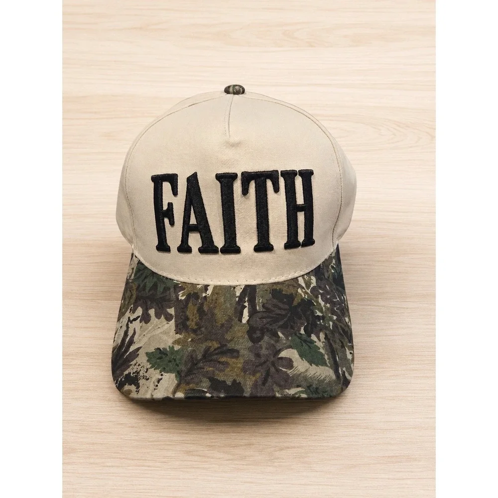 Zenana FAITH Camo Brim Snapback Hat Cream Adjustable Baseball Cap Christian